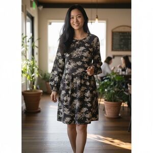 100% Cotton Corduroy Floral Print Black & Ivory A-Line Dress, Women's XL, EUC